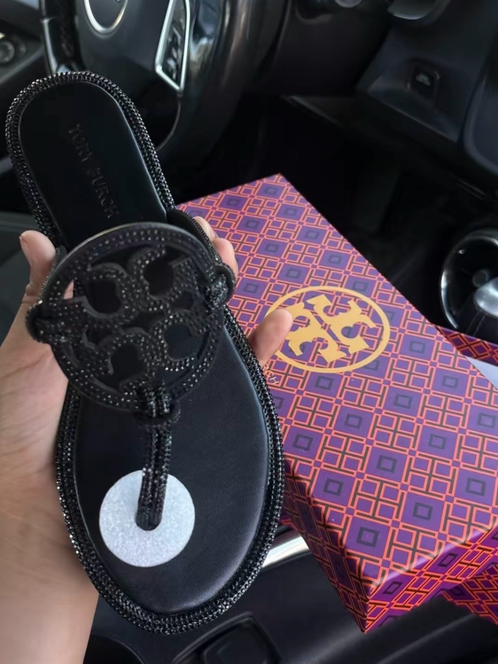 Tory Sport Black Beaded Logo Thong Sandals